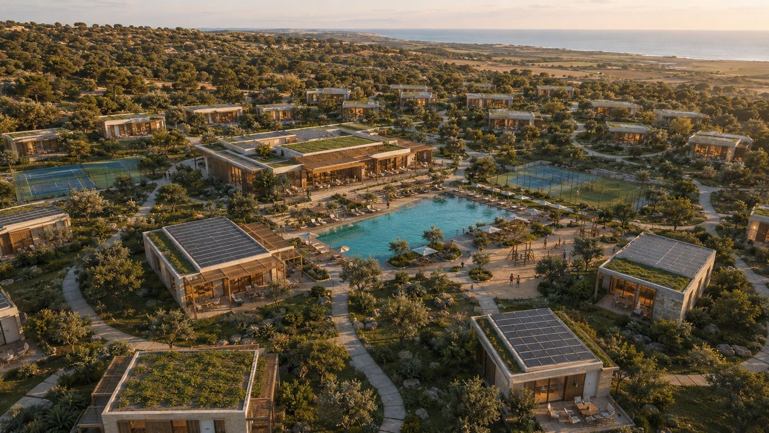 Luftaufnahme des Erholungs-Kibbuz mit Häusern, Pool und Gemeinschaftsgebäude