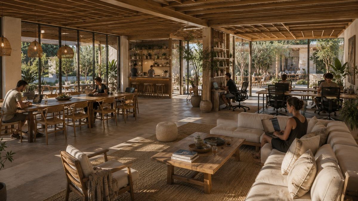 Helles Co-Working- und Lounge-Gebäude mit Holzelementen