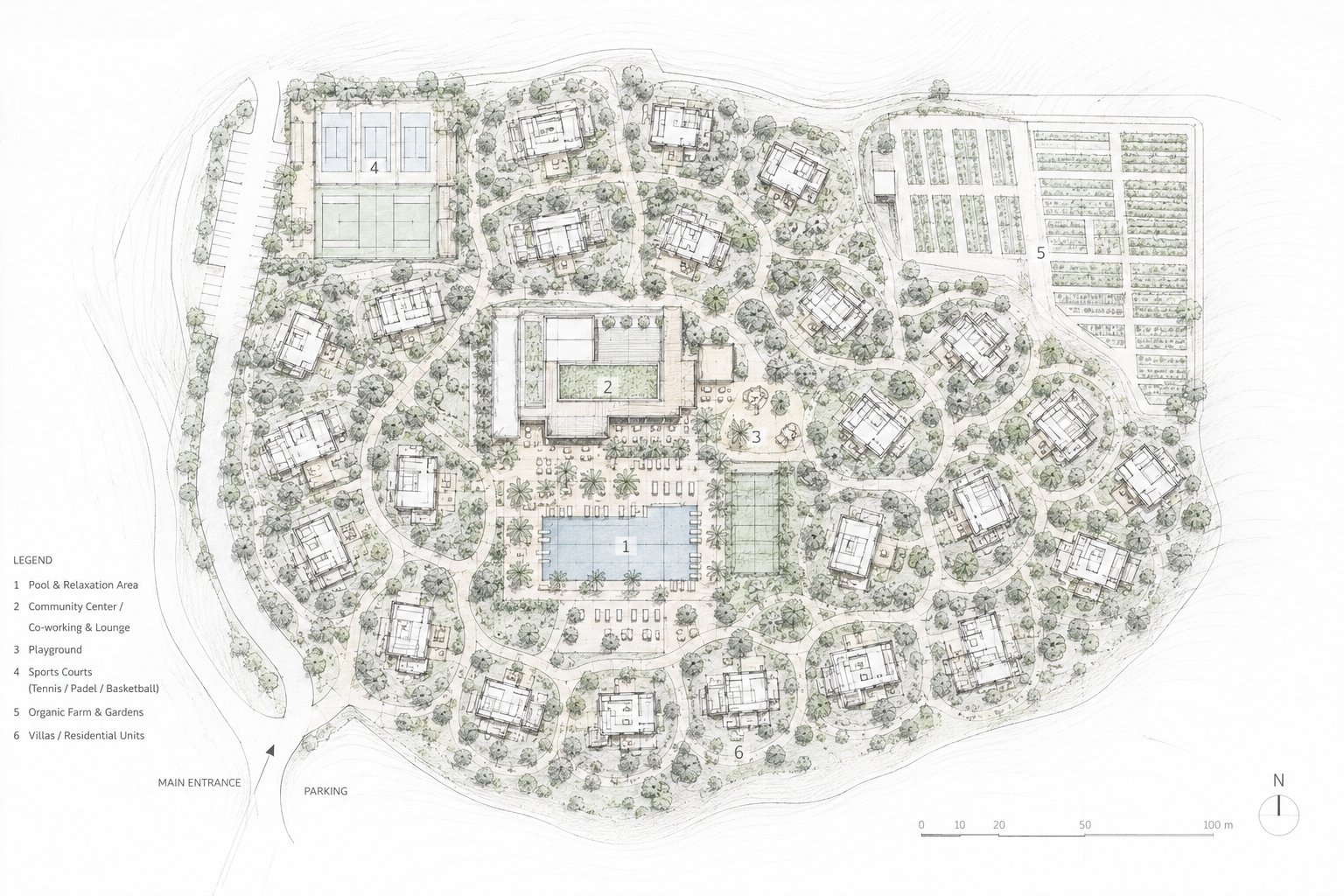 Lageplan des Kibbuz mit Wohnhäusern, Pool, Sportplätzen, Farm und Gemeinschaftsbereich