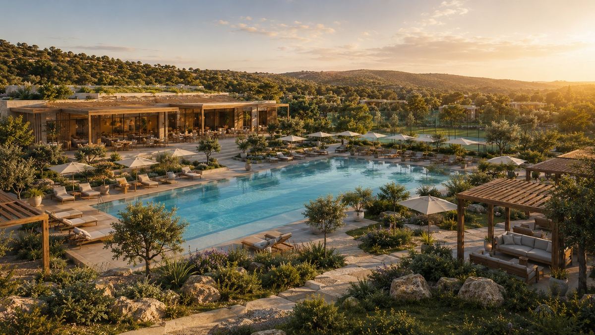 Menschen entspannen am Pool des Kibbuz in warmer Abendstimmung