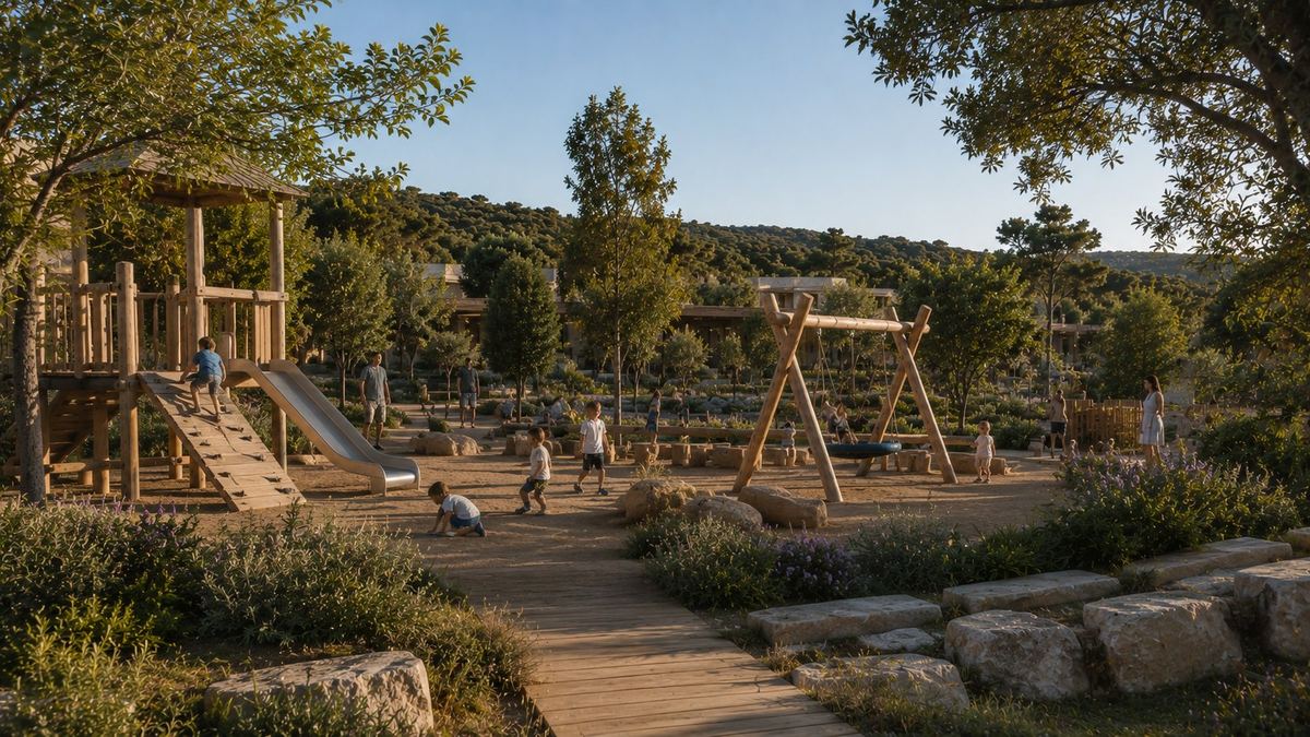 Naturnaher Spielplatz aus Holz für Kinder