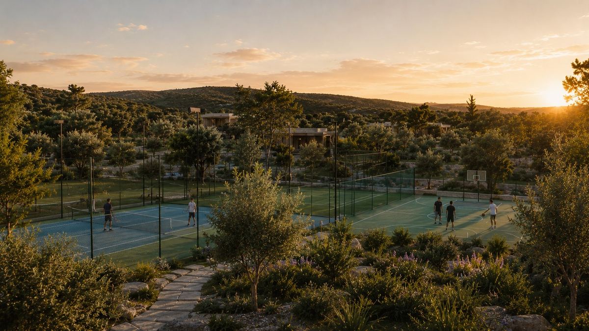 Tennis- und Basketballplätze im Grünen bei Sonnenuntergang