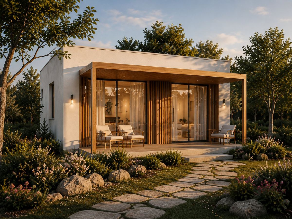 Modulhaus Typ Adam mit Holzlamellen und Terrasse im Grünen