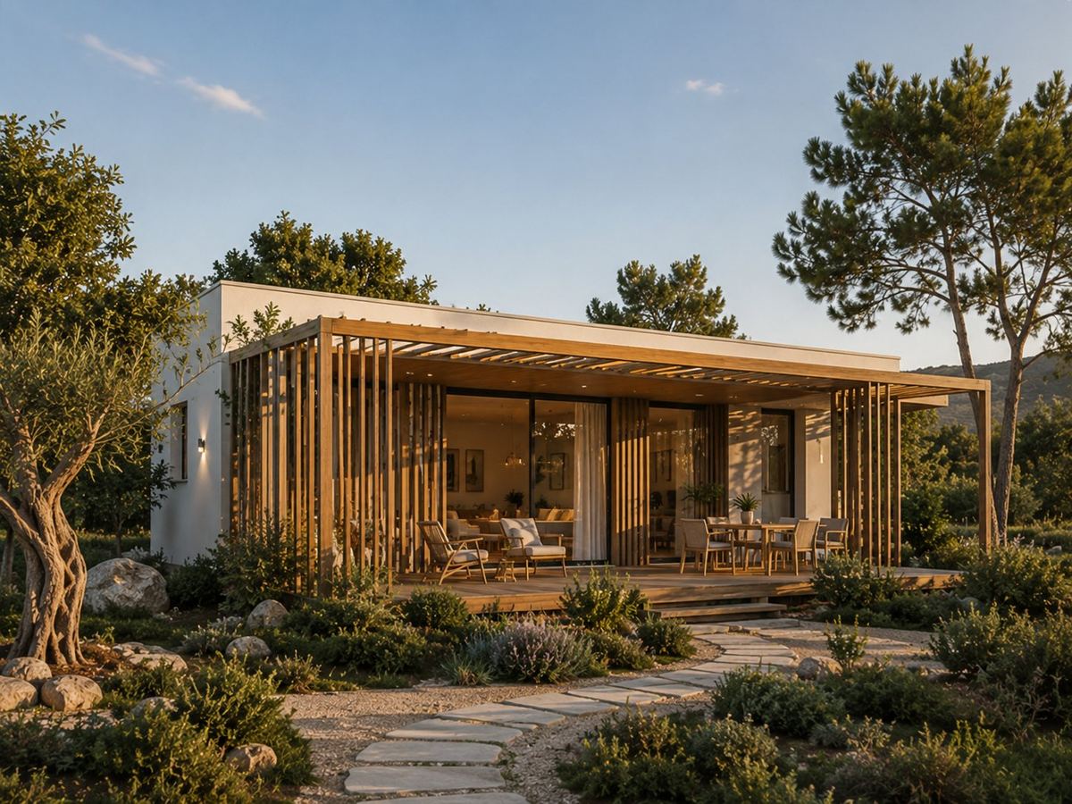 Modulhaus Typ Dan mit großer überdachter Terrasse und Pergola