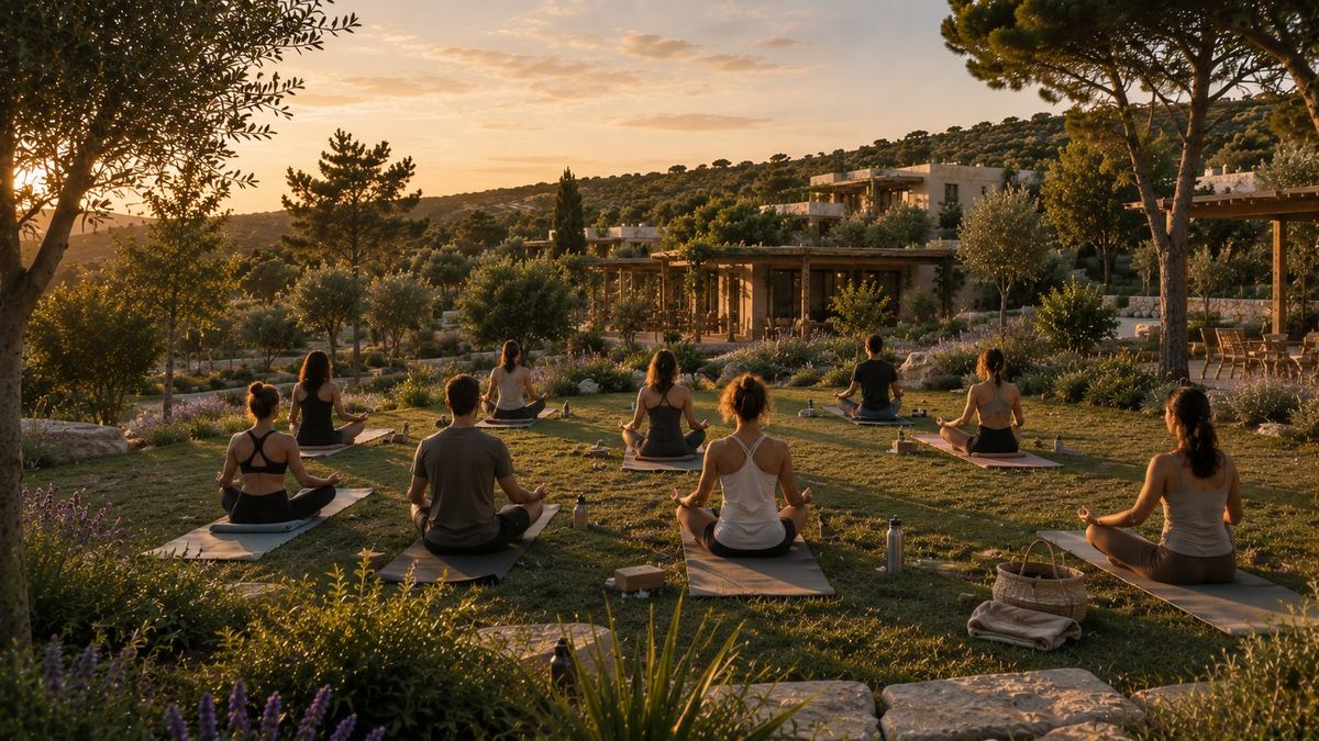 Yoga-Gruppe auf der Wiese bei Sonnenuntergang